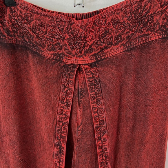 My Choice Fiery Red Acid Wash Split Leg Embroidered Boho Hippie Pants M - Picture 2 of 4